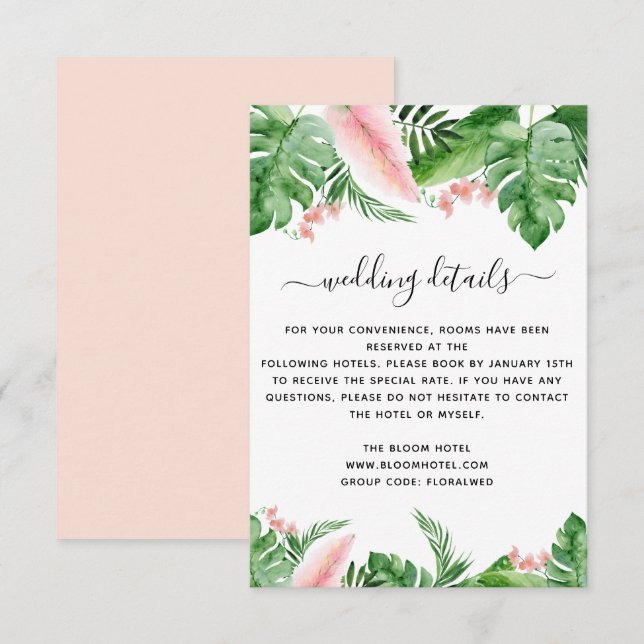 Tropical Palm Floral Watercolor Wedding Details Invitation (Front/Back)