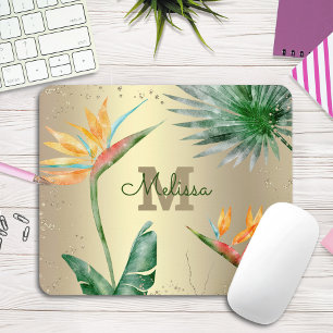 Tropical Palm Foliage Floral Monogram Script Gold Mouse Pad