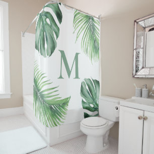 Tropical Palm Foliage Greenery Monogram Shower Curtain