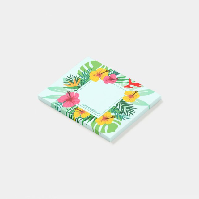 Tropical Palm Frond Hawaiian Flowers Personalised Post-it Notes (Angled)