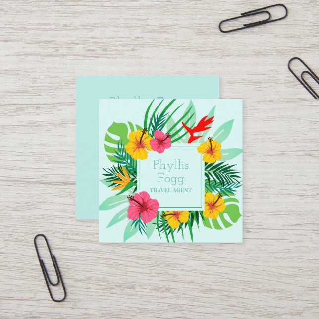 Tropical Palm Frond Travel Agency Agent Square Business Card (Front/Back In Situ)