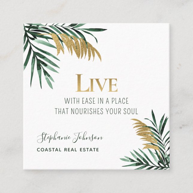 Tropical Palm Fronds Gold Real Estate Square Business Card (Front)