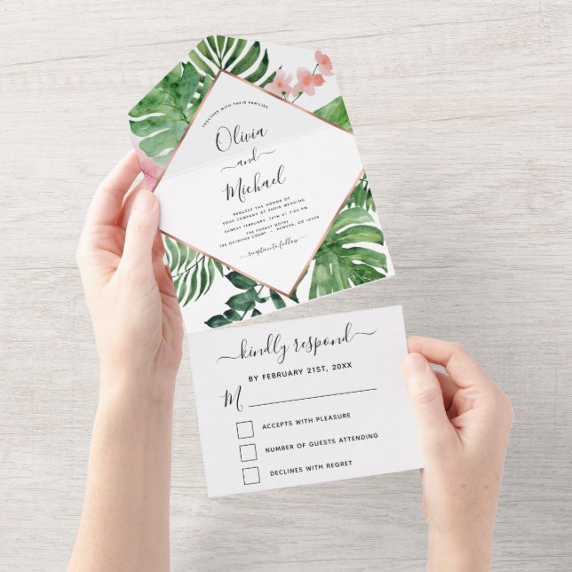 Tropical Palm Geometric Rose Gold Wedding All In One Invitation (Tearaway)