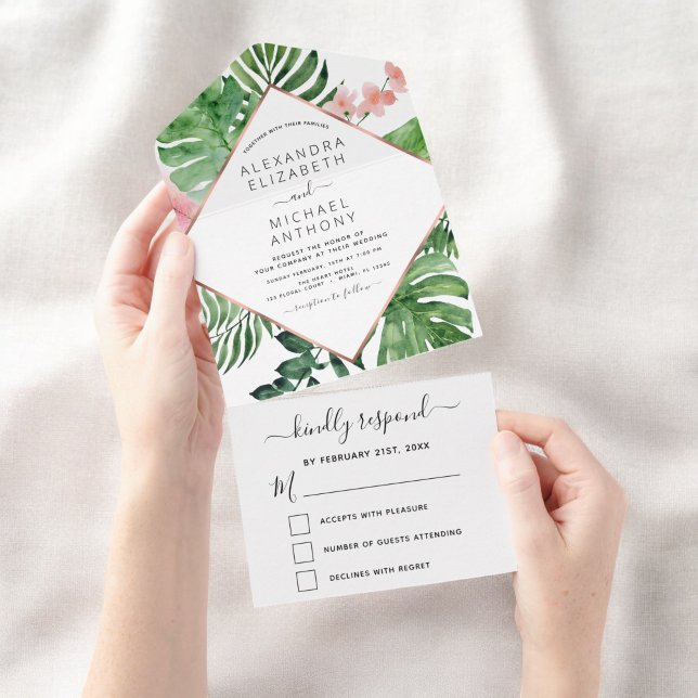 Tropical Palm Geometric Rose Gold Wedding All In One Invitation (Creator Uploaded)