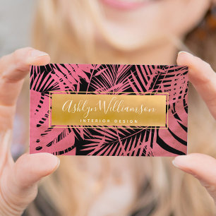 Tropical palm gold pink elegant script typography business card