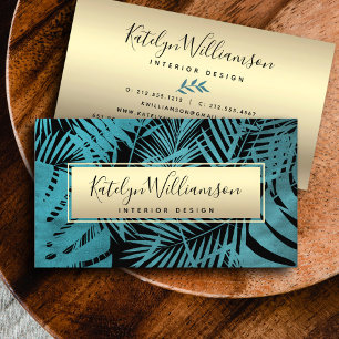 Tropical palm gold teal elegant script typography business card
