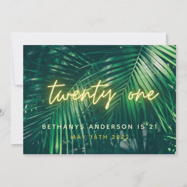 Tropical palm green neon script 21st birthday part save the date (Front)