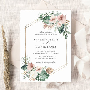 Tropical Palm Greenery Blush Geometric Wedding Invitation