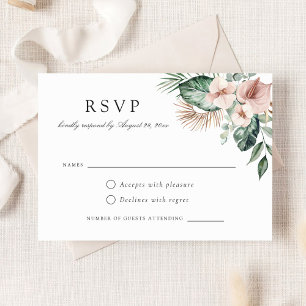 Tropical Palm Greenery Floral Blush Wedding RSVP Invitation