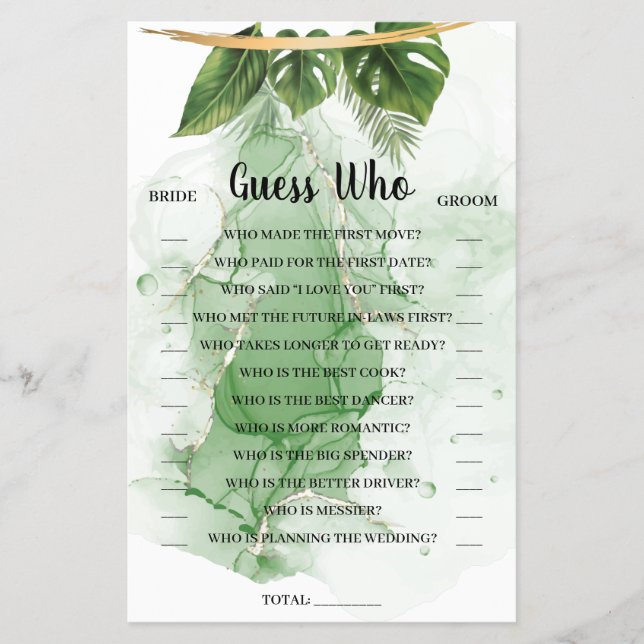 Tropical Palm Guess Who Bridal Shower Game Card (Front)