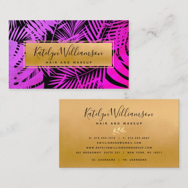 Tropical palm hot pink ombre gold script stylish business card (Front/Back)