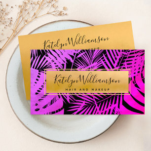 Tropical palm hot pink ombre gold script stylish business card
