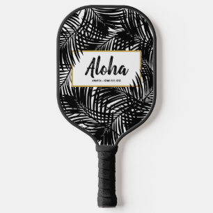 Tropical Palm Leaf Aloha Black White Personalised Pickleball Paddle