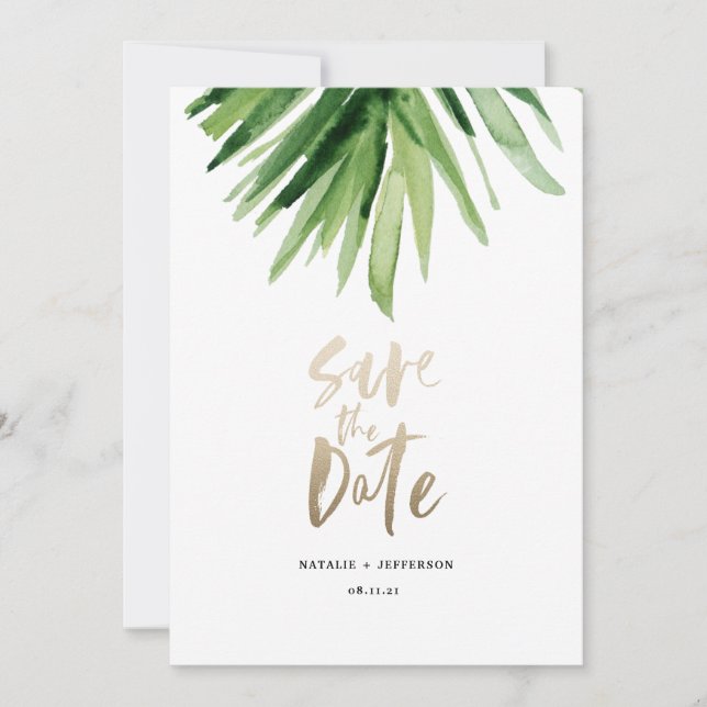 Tropical palm leaf and gold script save the date (Front)