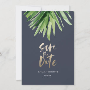Tropical palm leaf and gold script save the date