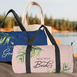 Tropical Palm Leaf Any Colour Handwritten Bride Duffle Bag<br><div class="desc">Wedding gift to personalise for the bride for her bachelorette weekend or honeymoon. Bride is lettered in swirly handwritten calligraphy and, you can easily switch this to suit anyone in your wedding party, by entering the design tool. The design features a watercolor tropical palm leaf which is also used in...</div>