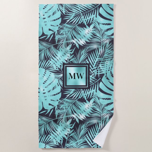 Tropical palm leaf aqua navy blue monogram island beach towel (Front)