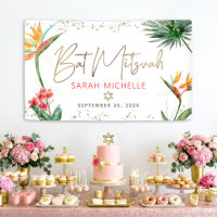 Tropical Palm Leaf Bat Mitzvah Gold Script Welcome