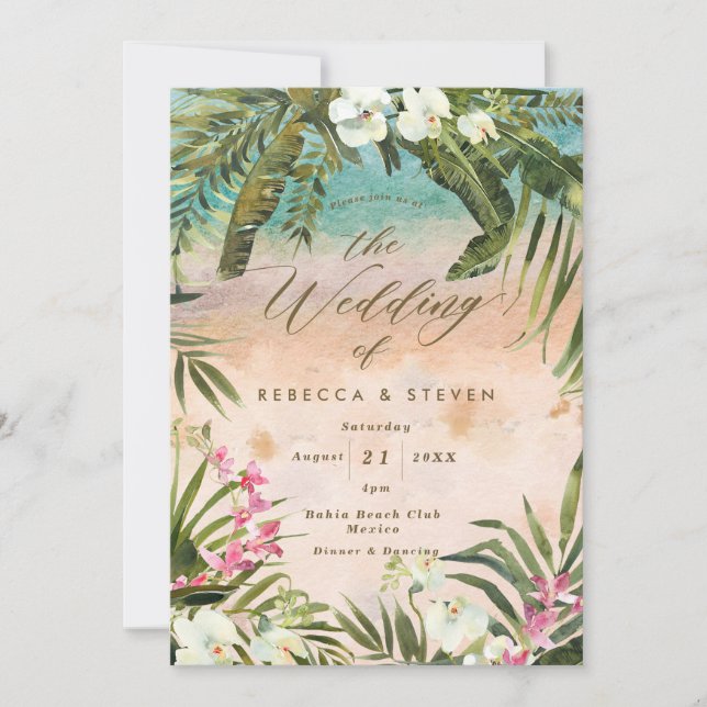 tropical palm leaf beach destination wedding invitation (Front)