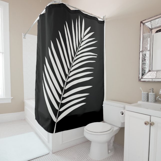 Tropical Palm Leaf Black Shower Curtain (In Situ)