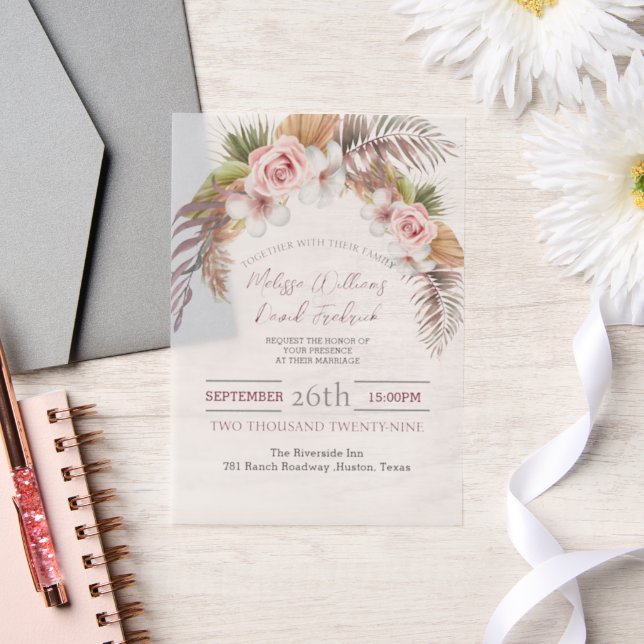 Tropical Palm Leaf Botanical Boho Chic Wedding Vellum Invitations (Wedding)