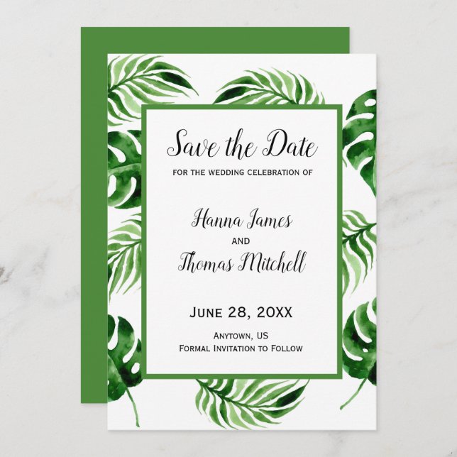 Tropical Palm Leaf Destination Wedding Save The Date (Front/Back)