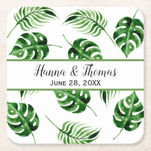 Tropical Palm Leaf Destination Wedding Square Paper Coaster
