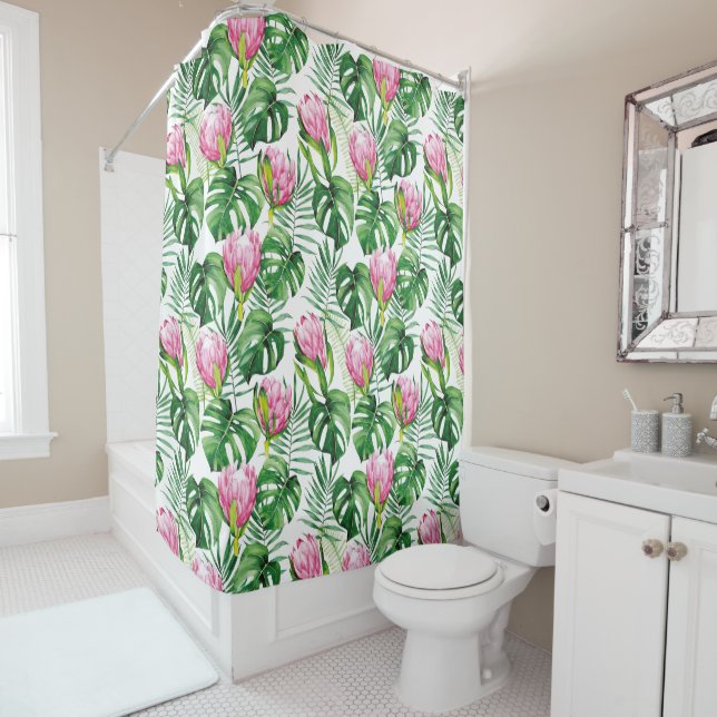 Tropical Palm Leaf Floral Shower Curtain (In Situ)