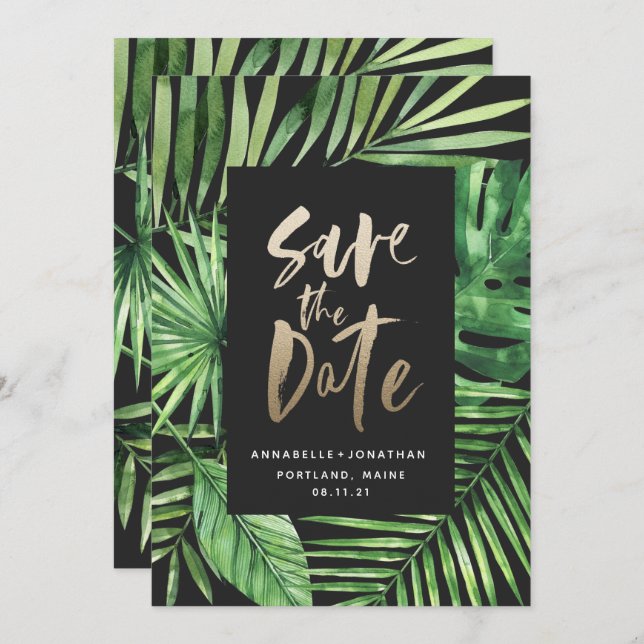 Tropical palm leaf foliage and gold script save the date (Front/Back)