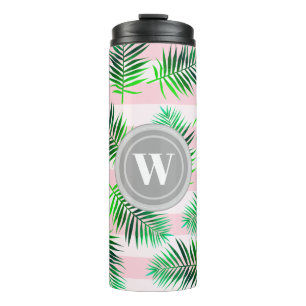 Tropical Palm Leaf Foliage & Pale Pink Stripes Thermal Tumbler