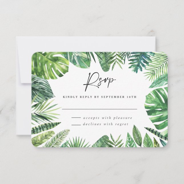 Tropical palm leaf foliage wedding rsvp reply  (Front)