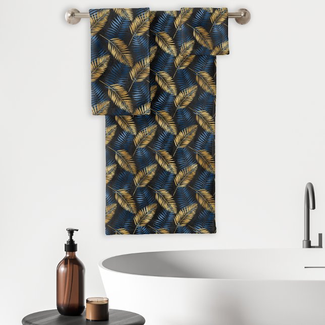 Tropical Palm Leaf Fronds Pattern Black Blue Gold Bath Towel Set (Creator Uploaded)