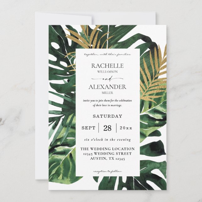Tropical Palm Leaf Gold 1B Wedding Invitation (Front)