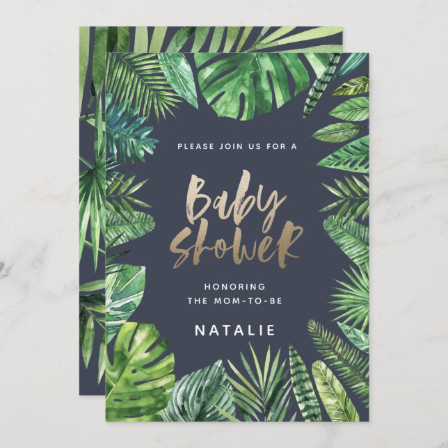 Tropical palm leaf & gold script baby shower card (Front/Back)