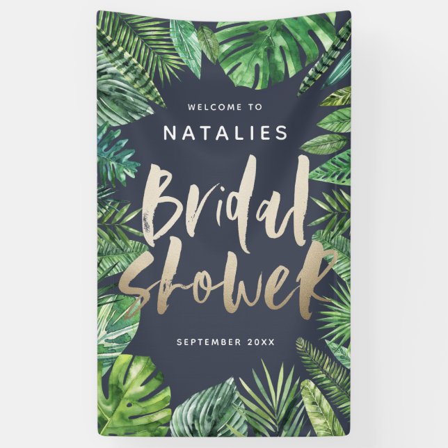Tropical palm leaf & gold script bridal shower banner (Vertical)