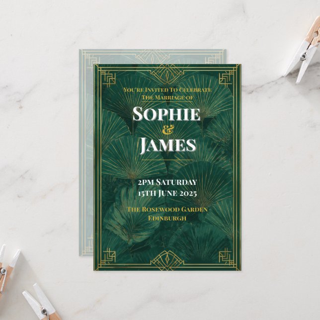 Tropical Palm Leaf Green Art Deco Wedding Invitation (Front/Back In Situ)