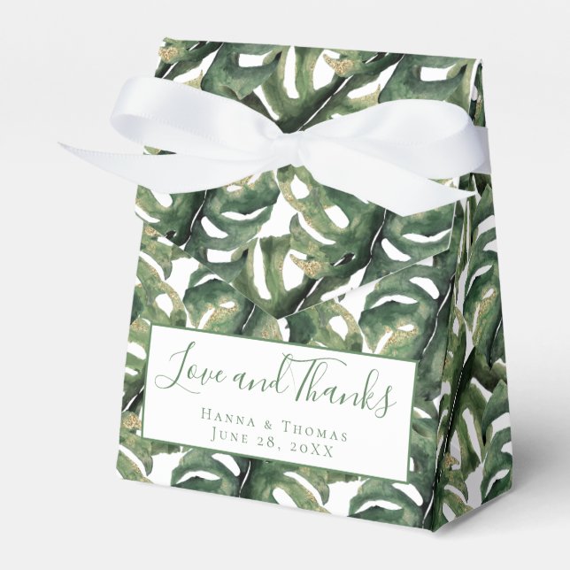 Tropical Palm Leaf Green Gold Wedding Thank You Favour Box (Front Side)