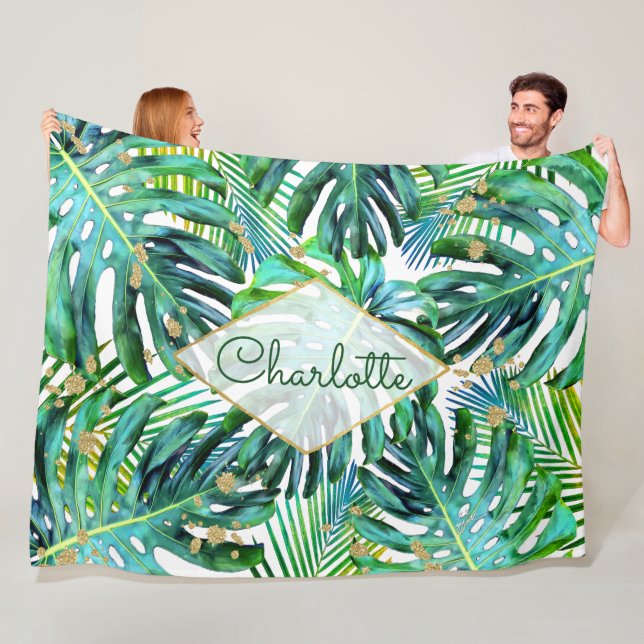 Tropical Palm Leaf Greenery Pattern Gold Glitter Fleece Blanket (In Situ)