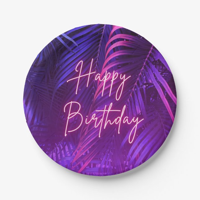 Tropical Palm Leaf Happy Birthday Paper Plate (Front)