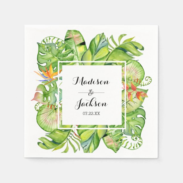 Tropical Palm Leaf Island Wreath Monogram Wedding Napkin (Front)