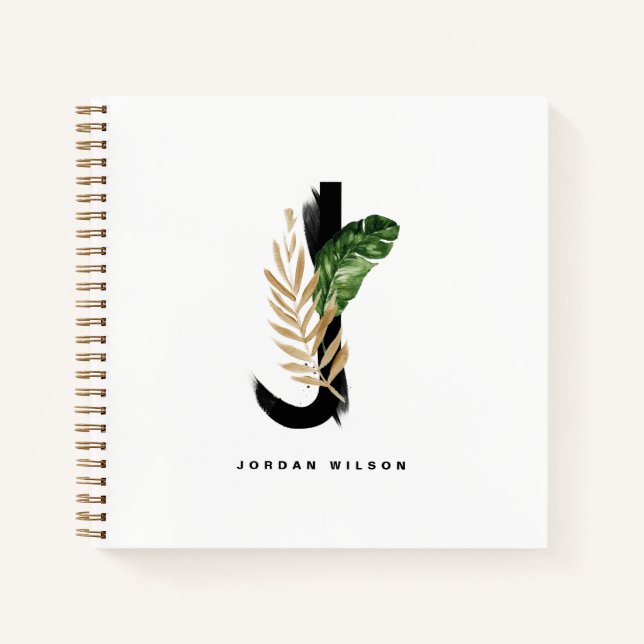 Tropical Palm Leaf Letter J Monogram Personalised Notebook (Front)