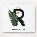 Tropical Palm Leaf Letter R Monogram Personalised Mouse Pad<br><div class="desc">Customisable letter R monogram mousepad featuring watercolor tropical palm leaf,  faux gold foil leaf and black watercolor brush accents. Personalise this tropical monogram mousepad by your name or other details. This boho letter R monogram mousepad will be perfect as a gift. Other letters are available.</div>