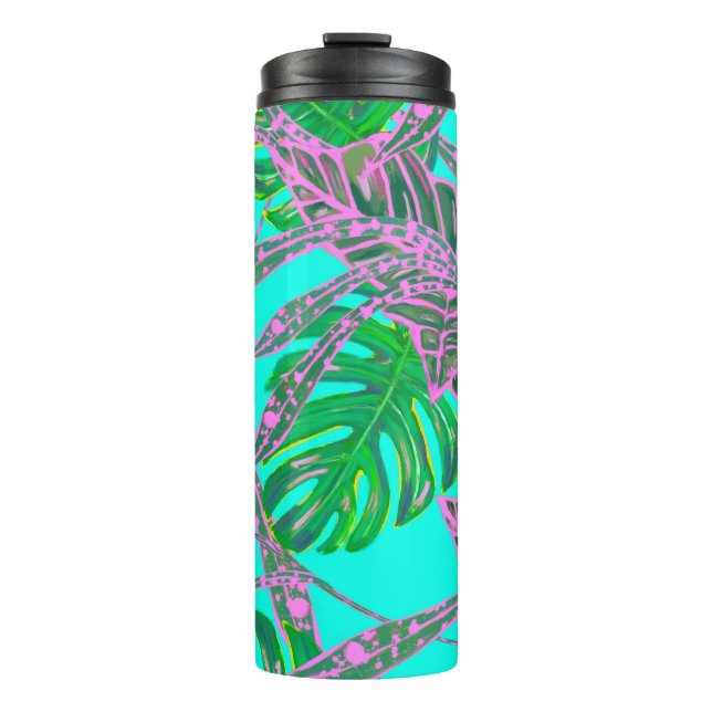 Tropical Palm leaf monstera coleus turquoise pink Thermal Tumbler (Front)