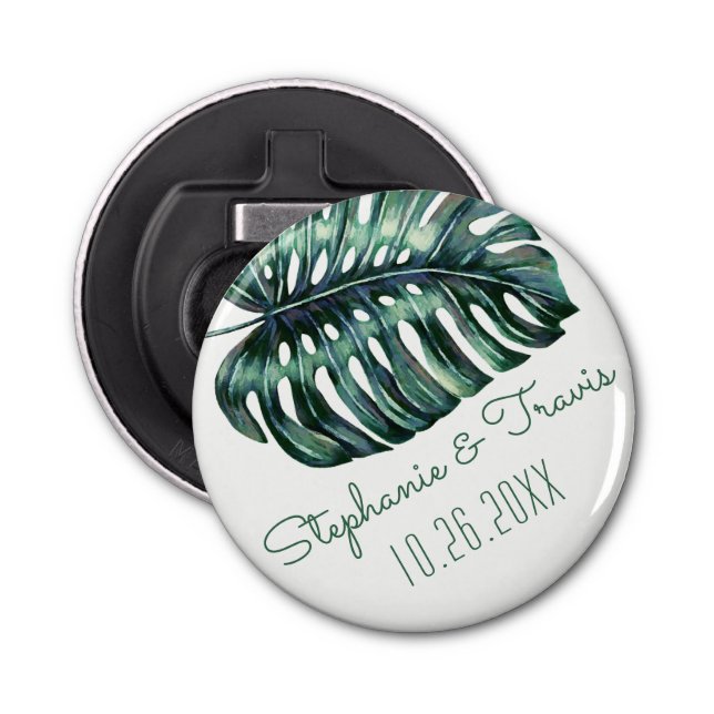 Tropical Palm Leaf Monstera Save the Date Magnet Bottle Opener (Front)