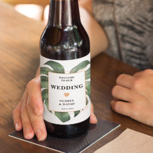 Tropical Palm Leaf Monstera Wedding Beer Bottle Label
