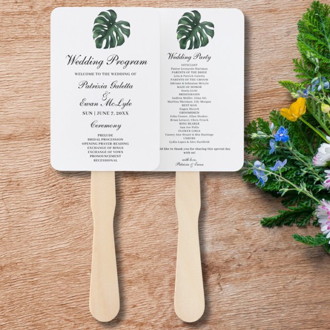 Tropical Palm Leaf Monstera Wedding program  Hand Fan (Creator Uploaded)