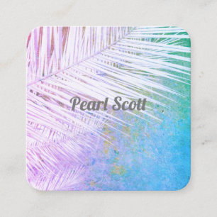 tropical palm leaf nature art purple and blue square business card