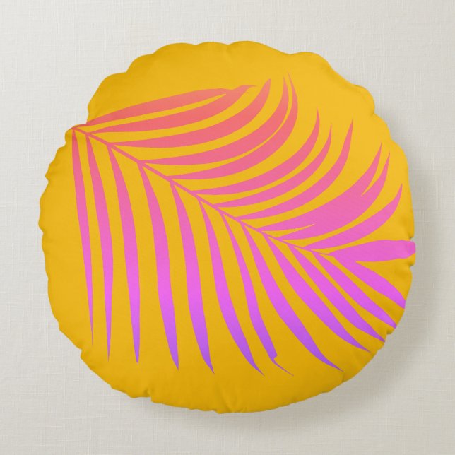 Tropical Palm Leaf Orange Yellow Pink Gift Decor Round Cushion (Front)