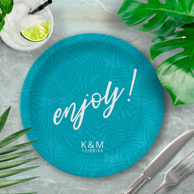 Tropical Palm Leaf Pattern Teal ID577 Paper Plate (Creator Uploaded)