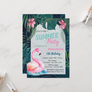 Tropical Palm Leaf,Pink Flamingos Birthday  Invitation